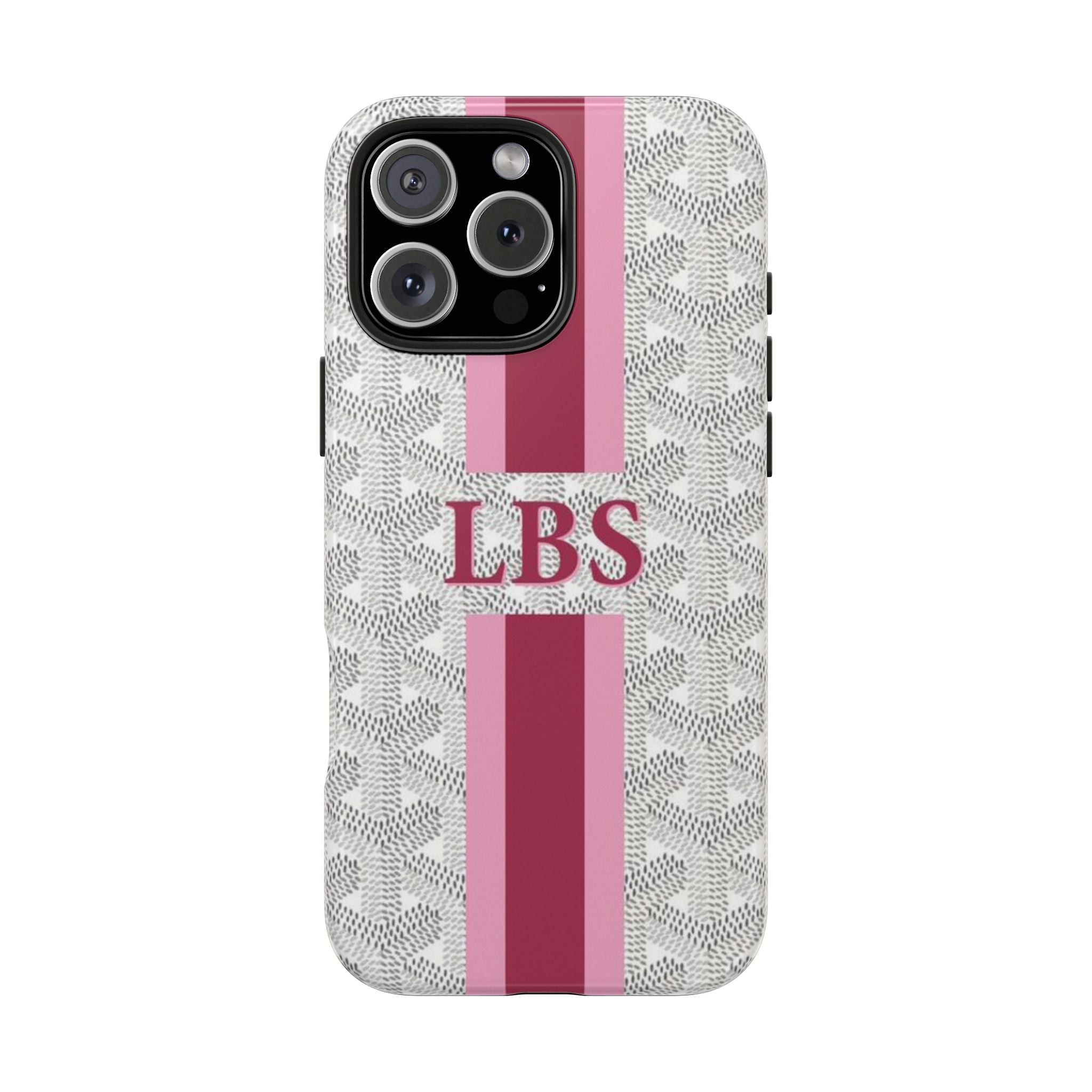Personalized light grey phone case with pink stripes and 'LBS' on front, camera cutouts.