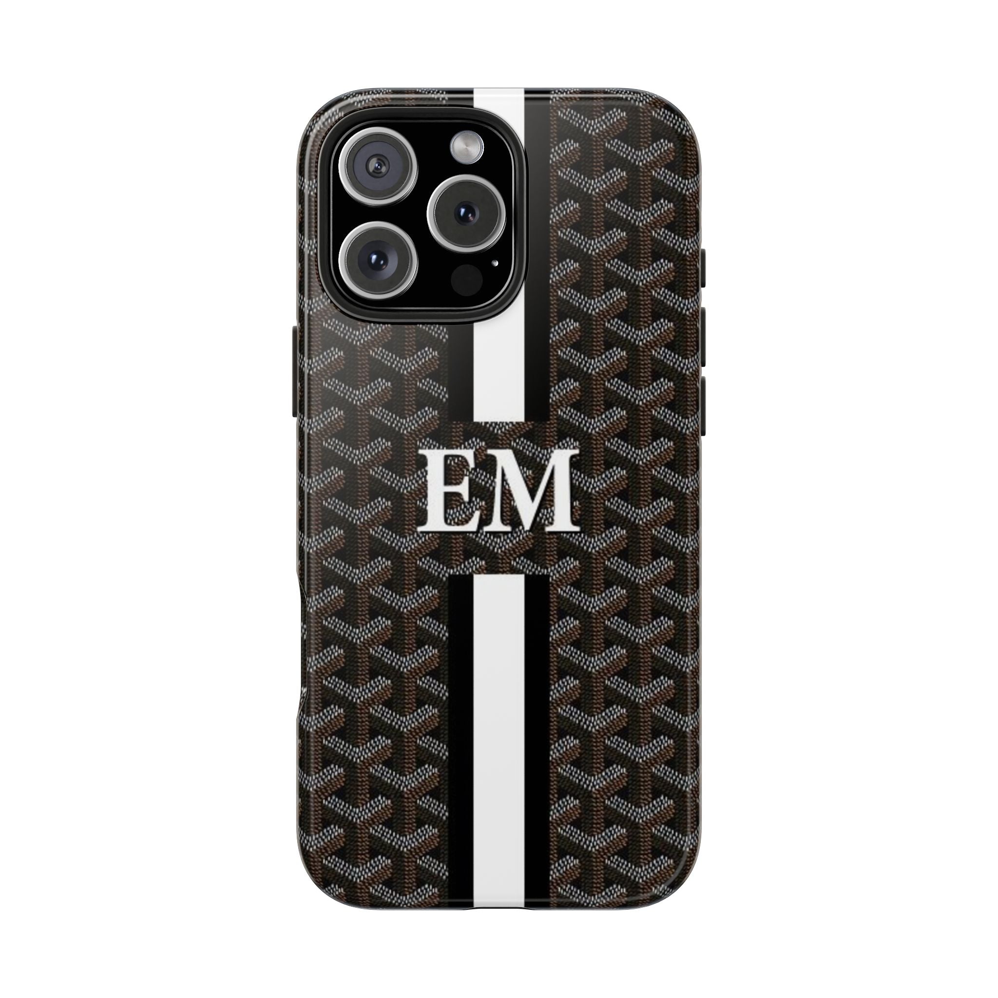 Personalized phone case with dark Goyard-style pattern, white stripe, and “EM” monogram