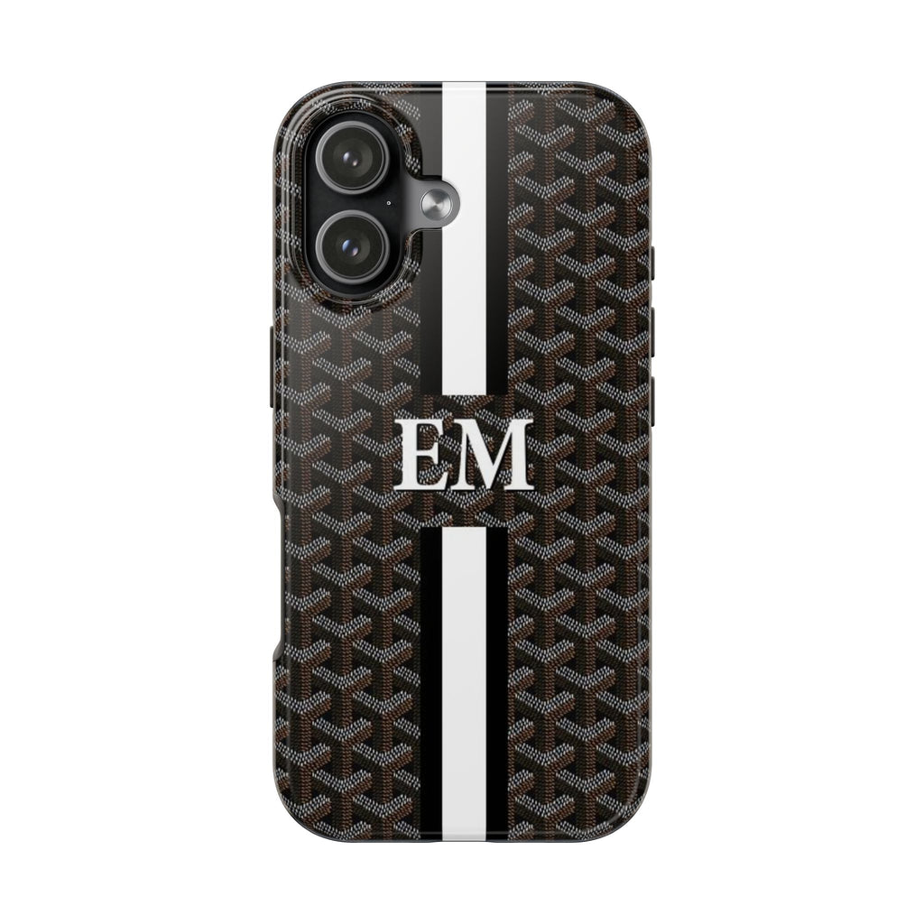 Personalized phone case with dark Goyard-style pattern, white stripe, and “EM” monogram