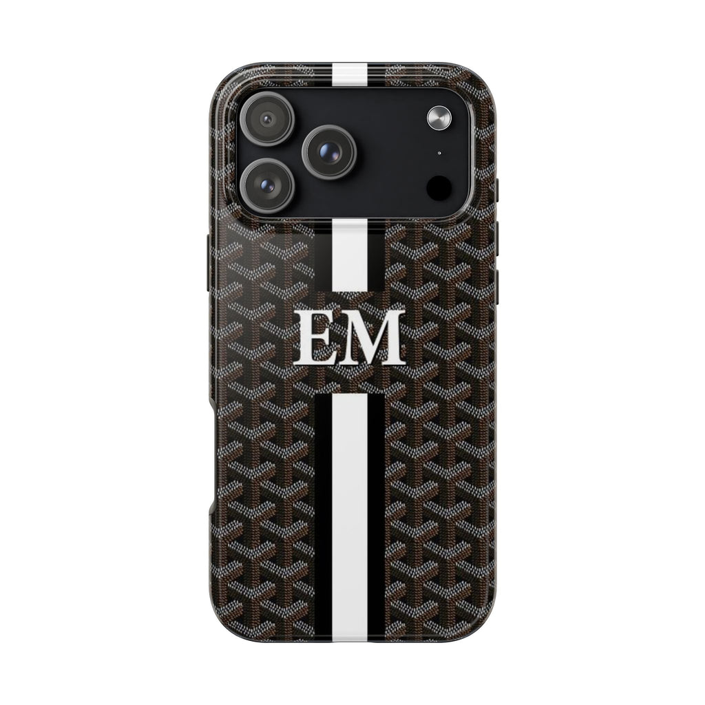 Personalized phone case with dark Goyard-style pattern, white stripe, and “EM” monogram