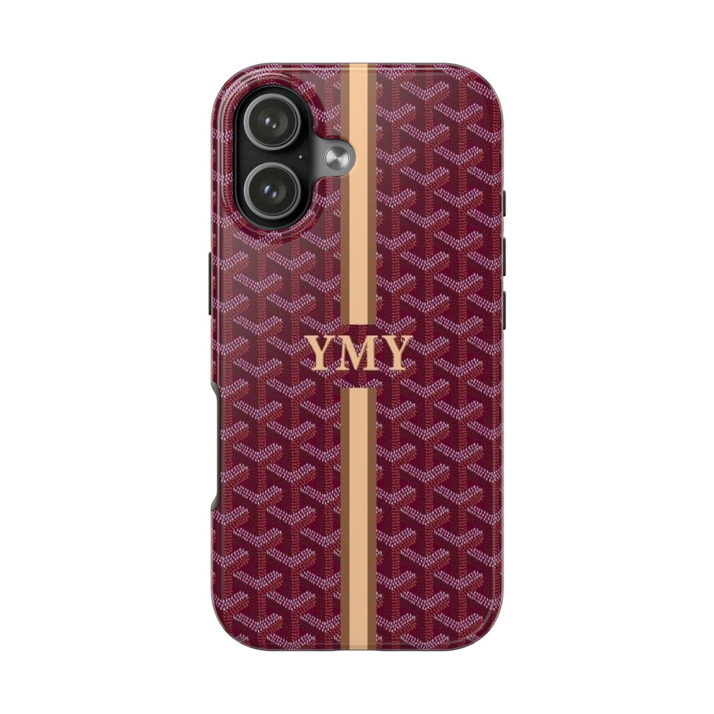 Personalized phone case in raspberry red with Goyard-style pattern and beige stripes, YMY