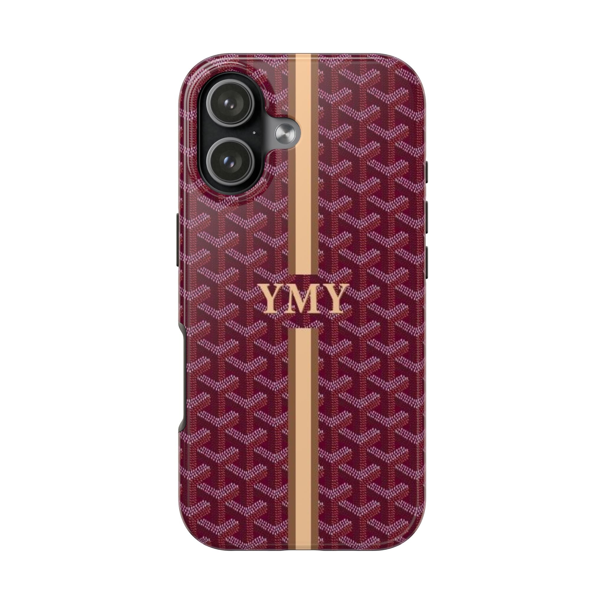 Personalized phone case in raspberry red with Goyard-style pattern and beige stripes, YMY