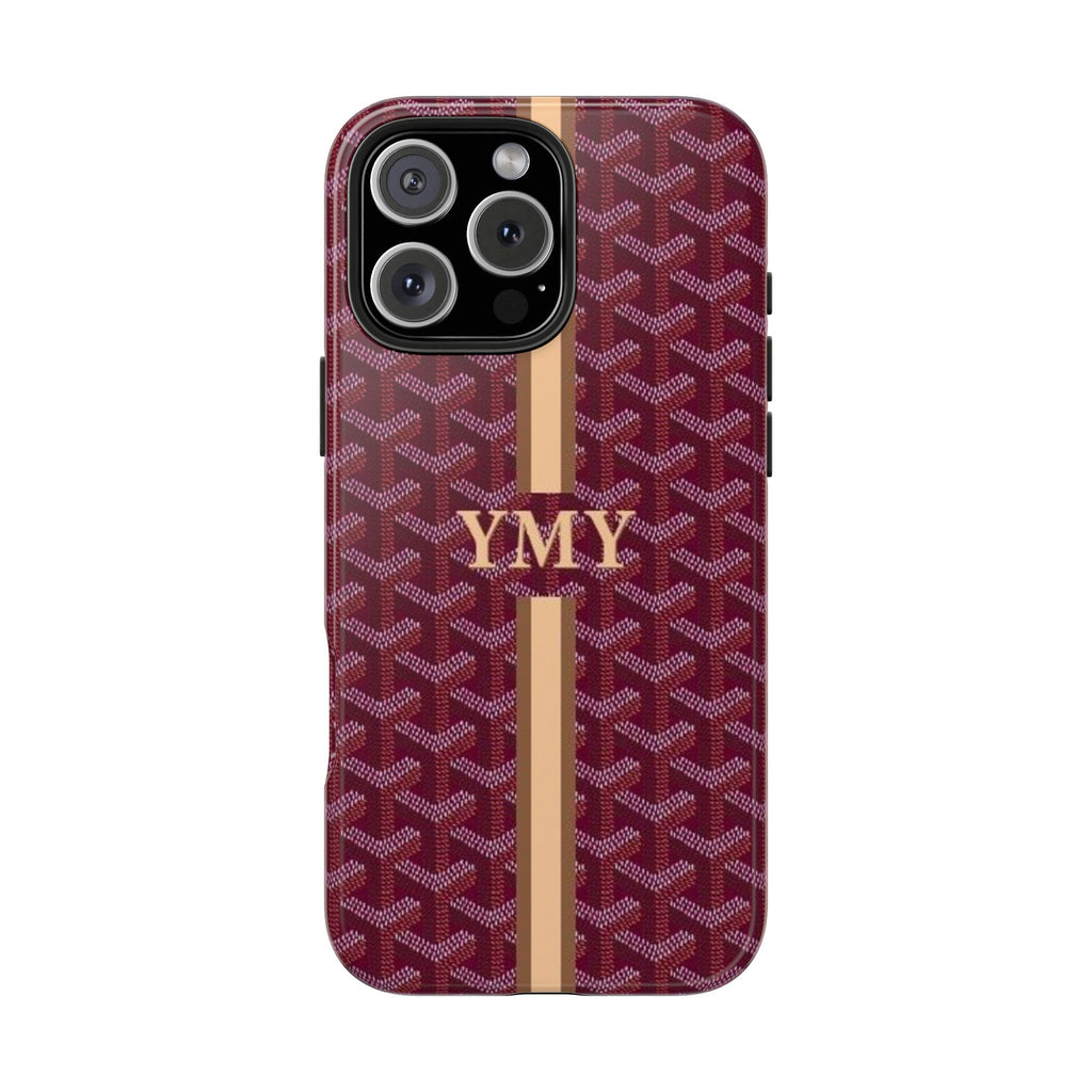 Personalized phone case, raspberry red Goyard-style pattern, beige stripe, YMY, camera cutouts