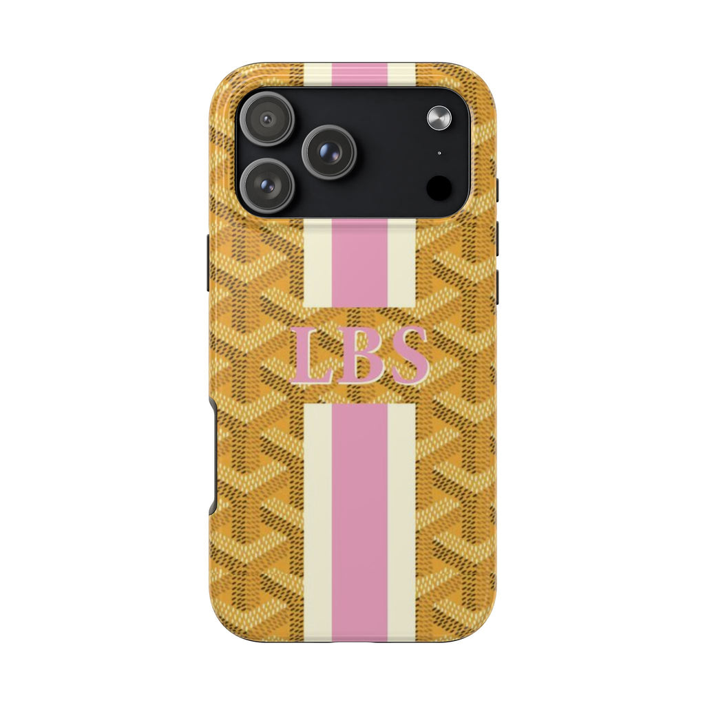 Mustard yellow patterned phone case with pink and white stripe accents and LBS initials