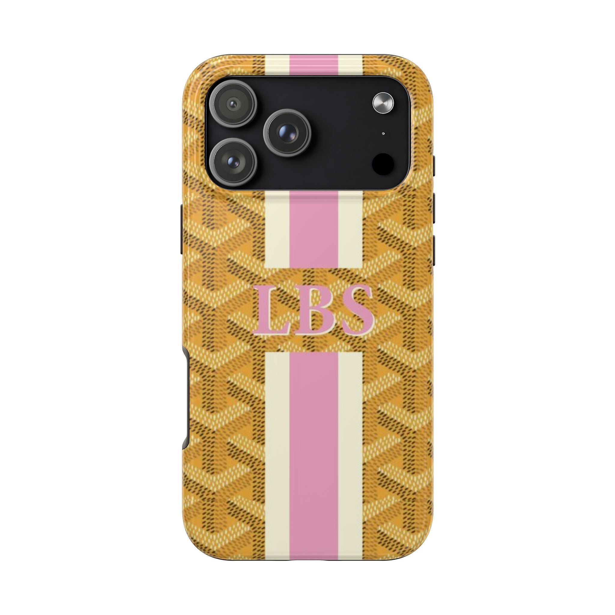 Mustard yellow patterned phone case with pink and white stripe accents and LBS initials