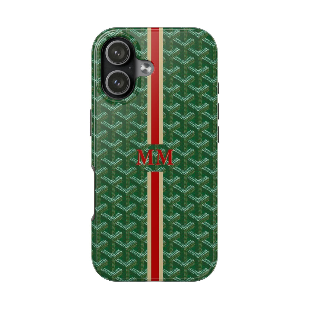 Green Goyard-style phone case with MM monogram, red/white center stripe and camera cutouts