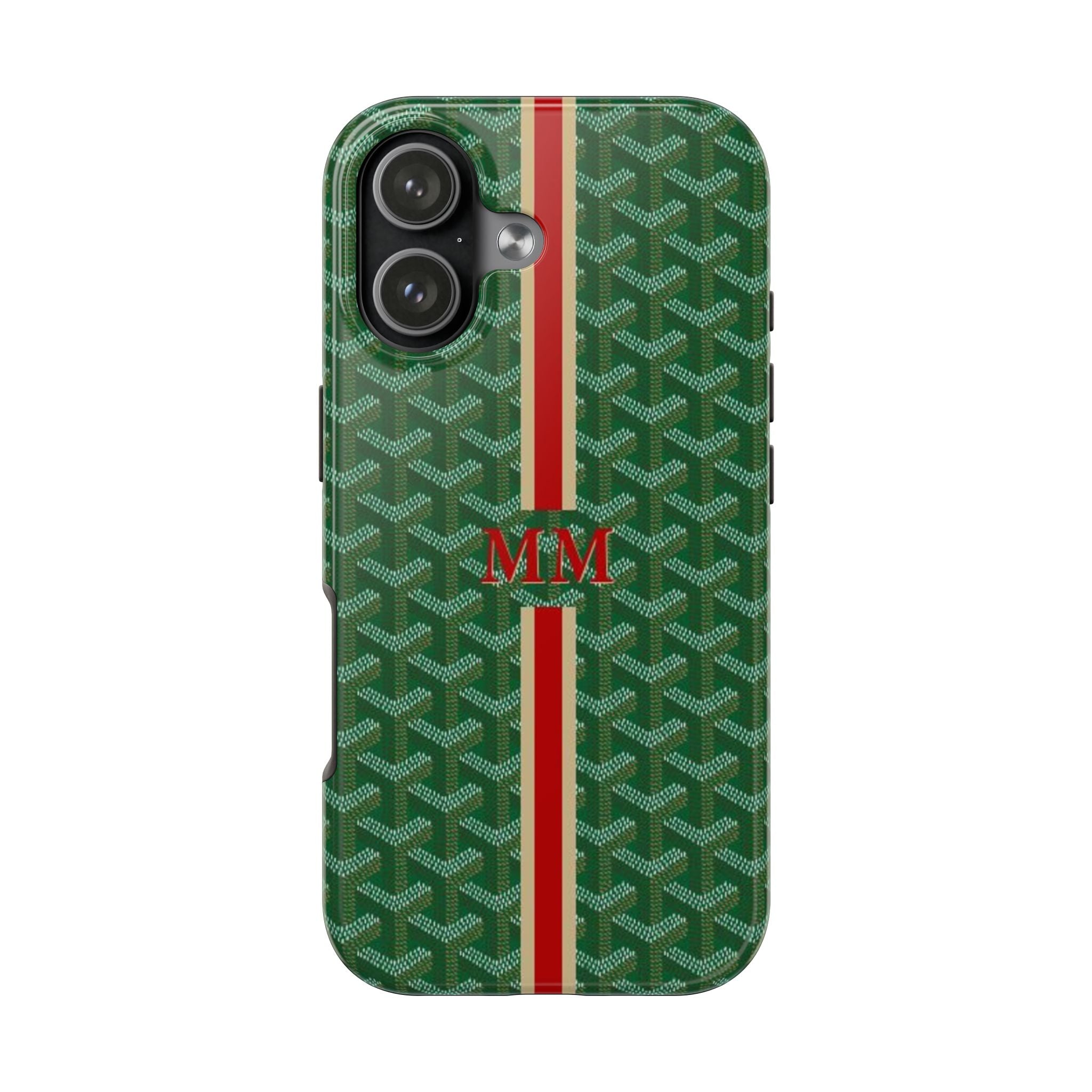 Green Goyard-style phone case with MM monogram, red/white center stripe and camera cutouts