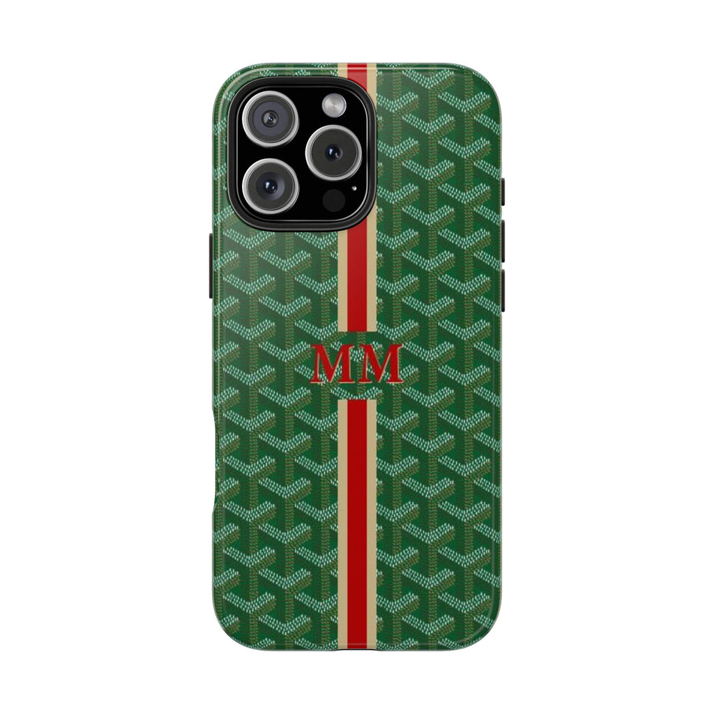 Green Goyard-style phone case with patterned texture, MM monogram, red/white vertical stripe