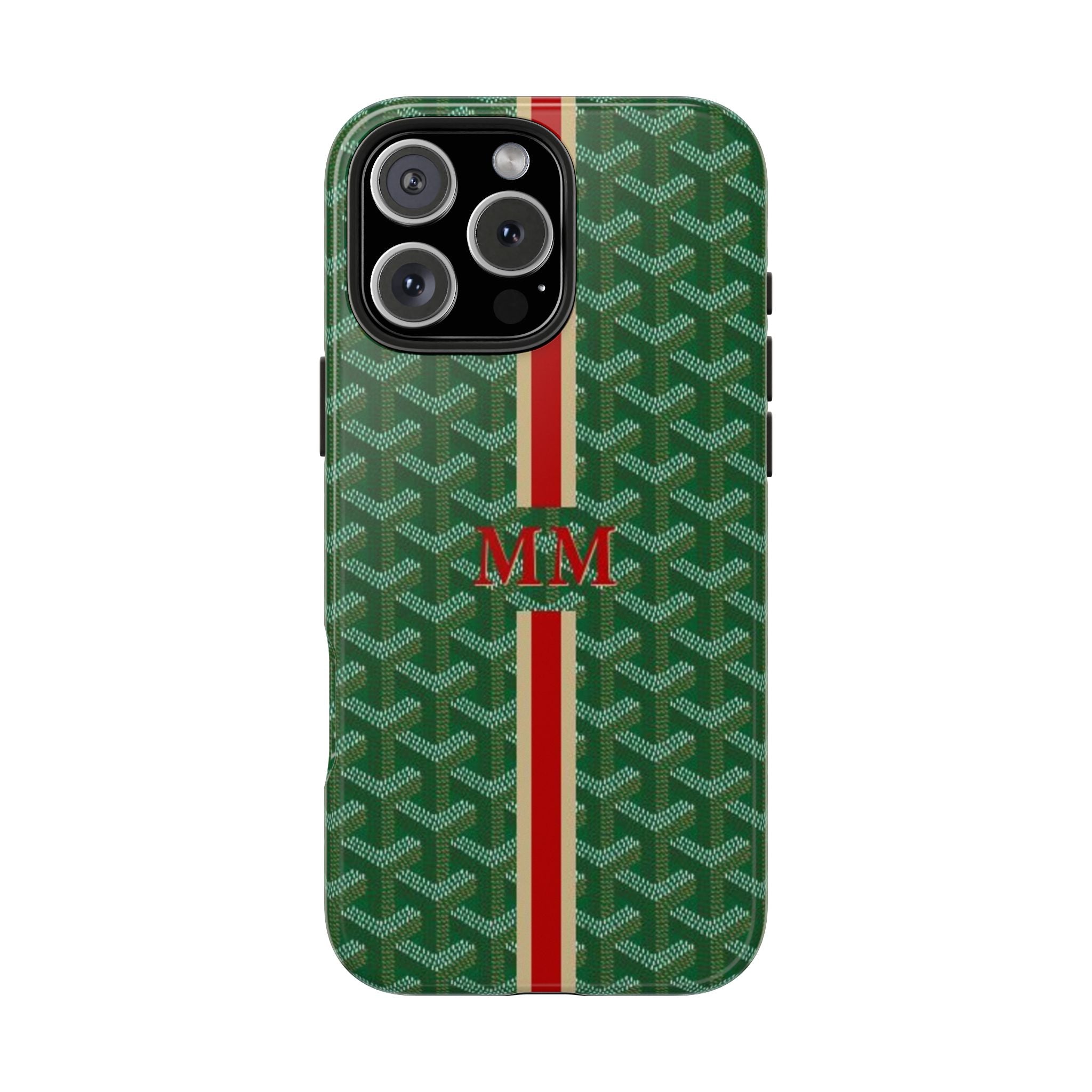 Green Goyard-style phone case with patterned texture, MM monogram, red/white vertical stripe