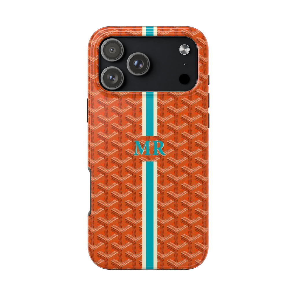 Orange Goyard-style phone case with teal stripe and MR monogram
