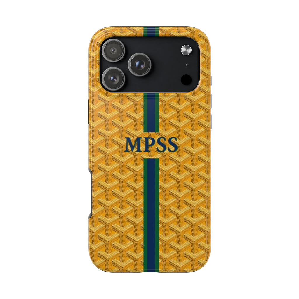 Yellow patterned phone case with green stripes and MPSS on back, with camera cutouts
