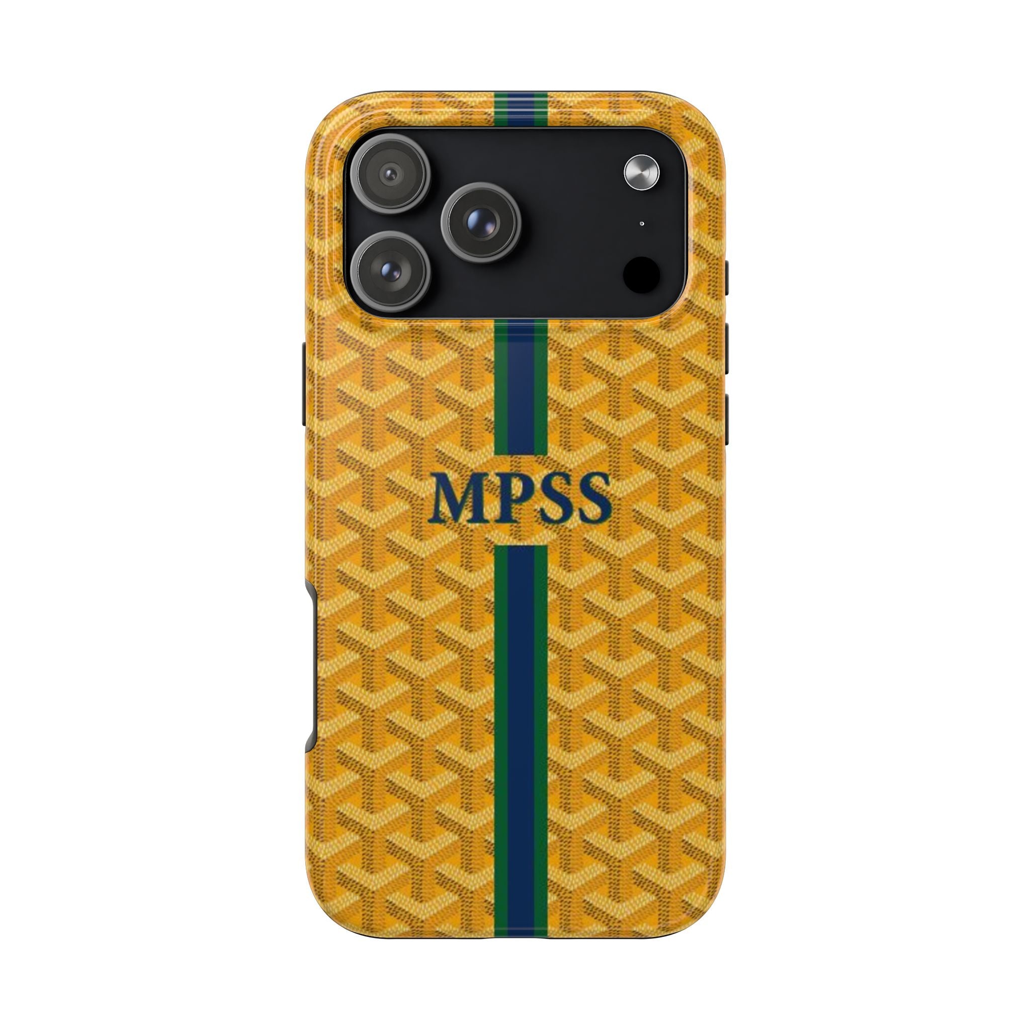 Yellow patterned phone case with green stripes and MPSS on back, with camera cutouts