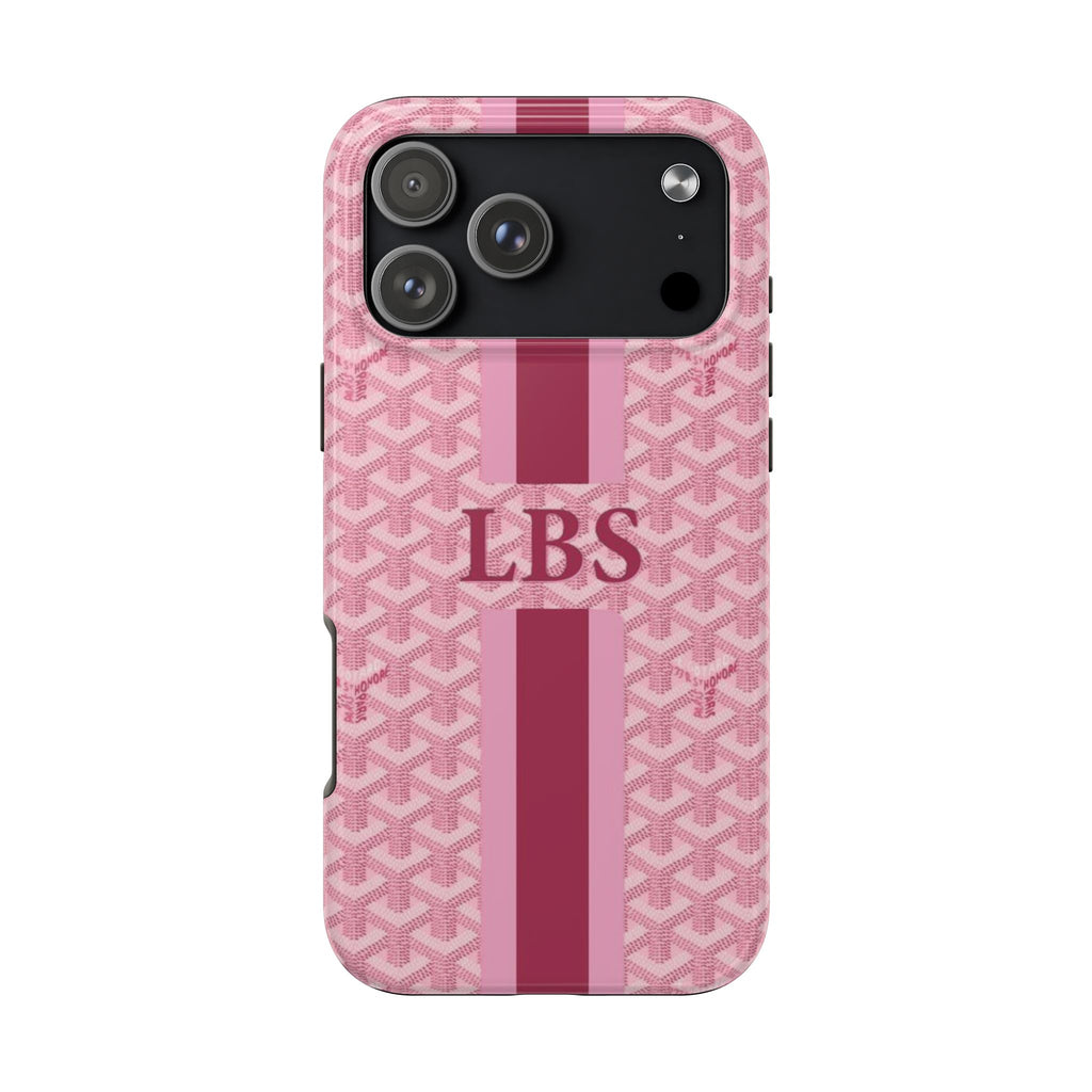 Pink personalized phone case with geometric Goyard-style pattern, LBS monogram, striped back.