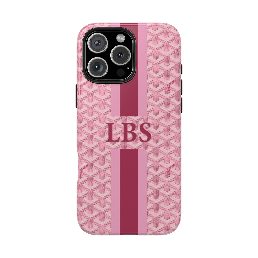 Pink personalized phone case with geometric pattern and LBS monogram, vertical stripe; camera cutout.