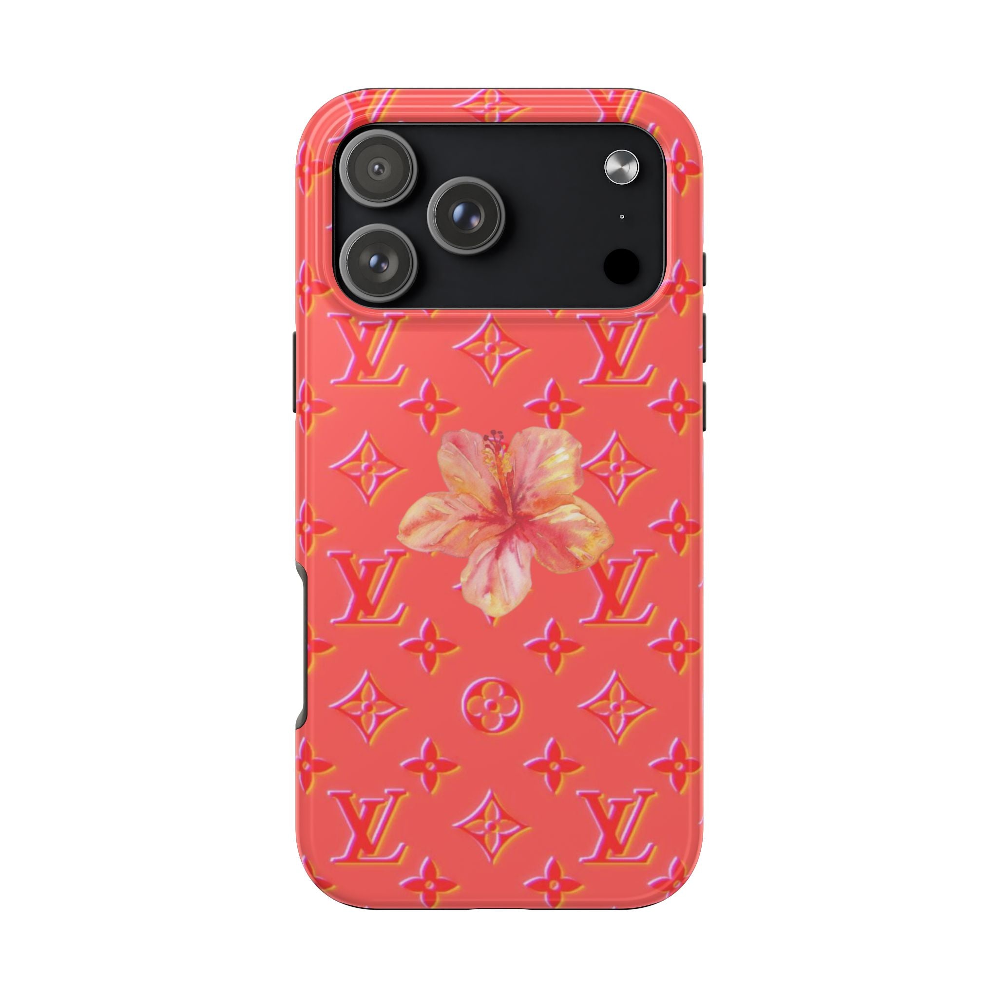 Coral phone case with hibiscus flower and gold LV monogram pattern, camera lenses