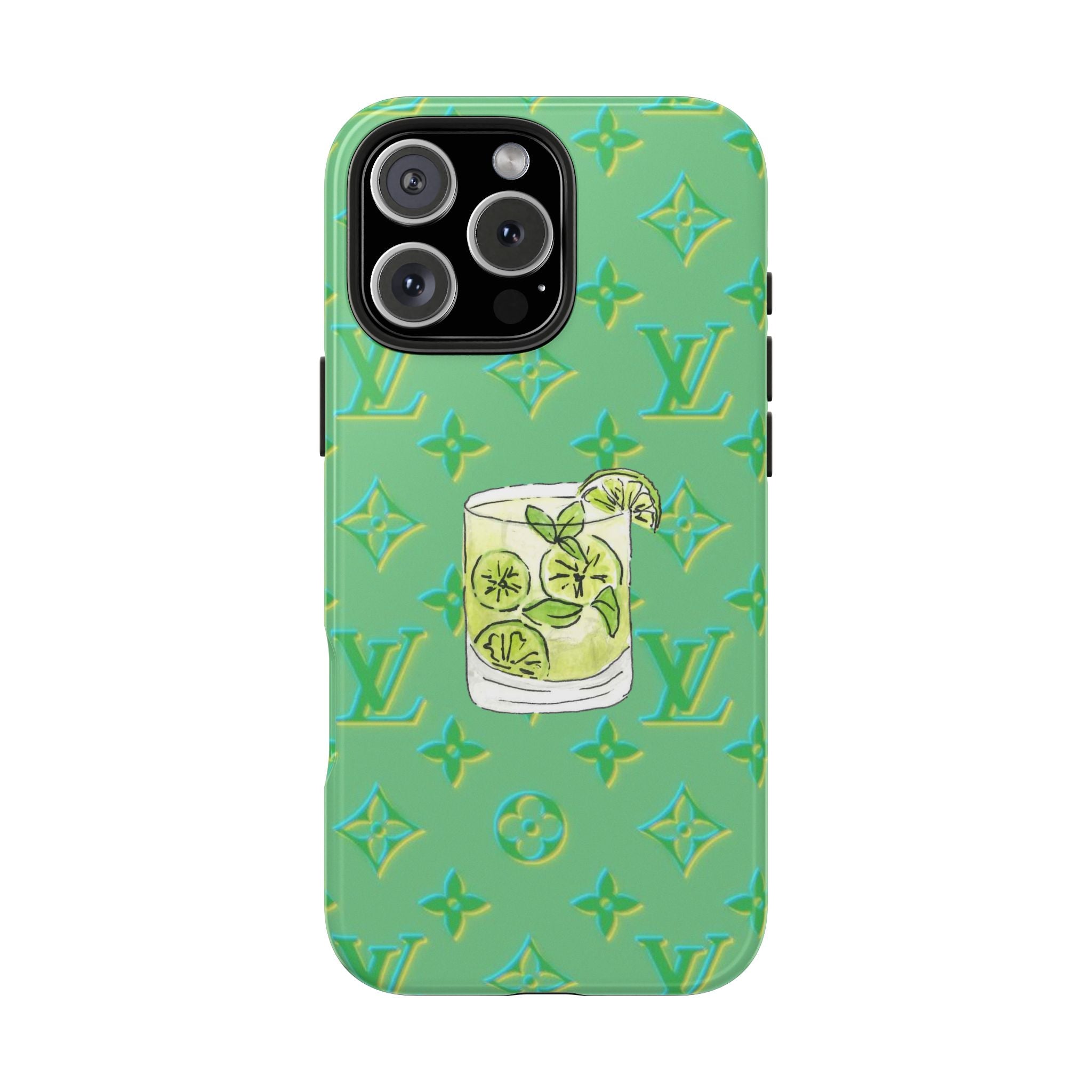Lime green phone case with LV monogram pattern and centered mojito drink artwork