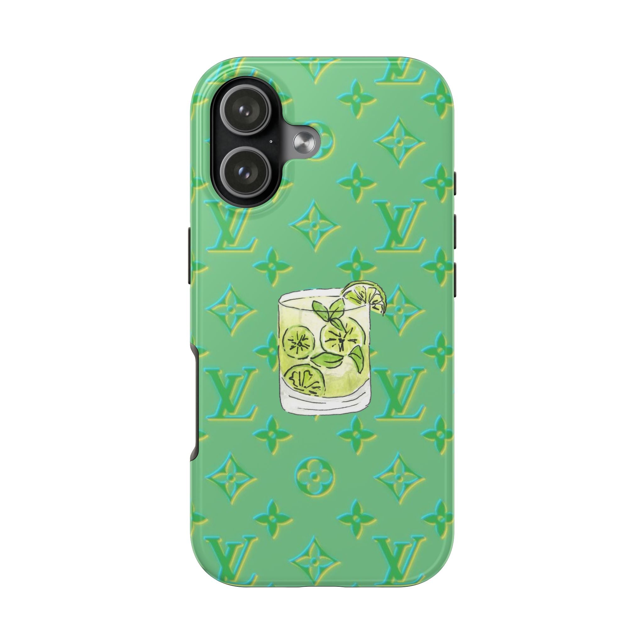 Lime green phone case with LV monogram pattern and mojito drink graphic on back