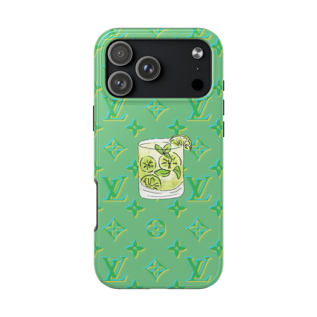 Lime green phone case with LV monogram pattern and mojito drink graphic