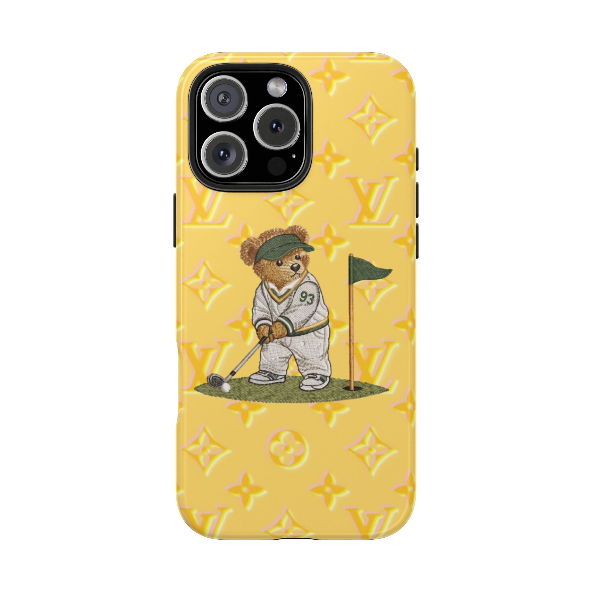 Yellow phone case with teddy bear golfer illustration and LV-style monogram pattern