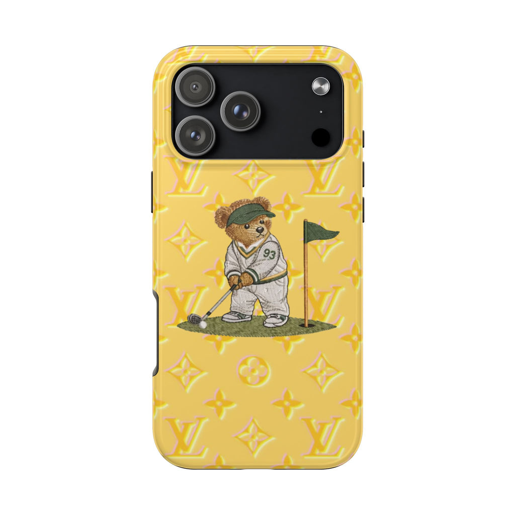 Yellow phone case with teddy bear golfer graphic and LV-style pattern