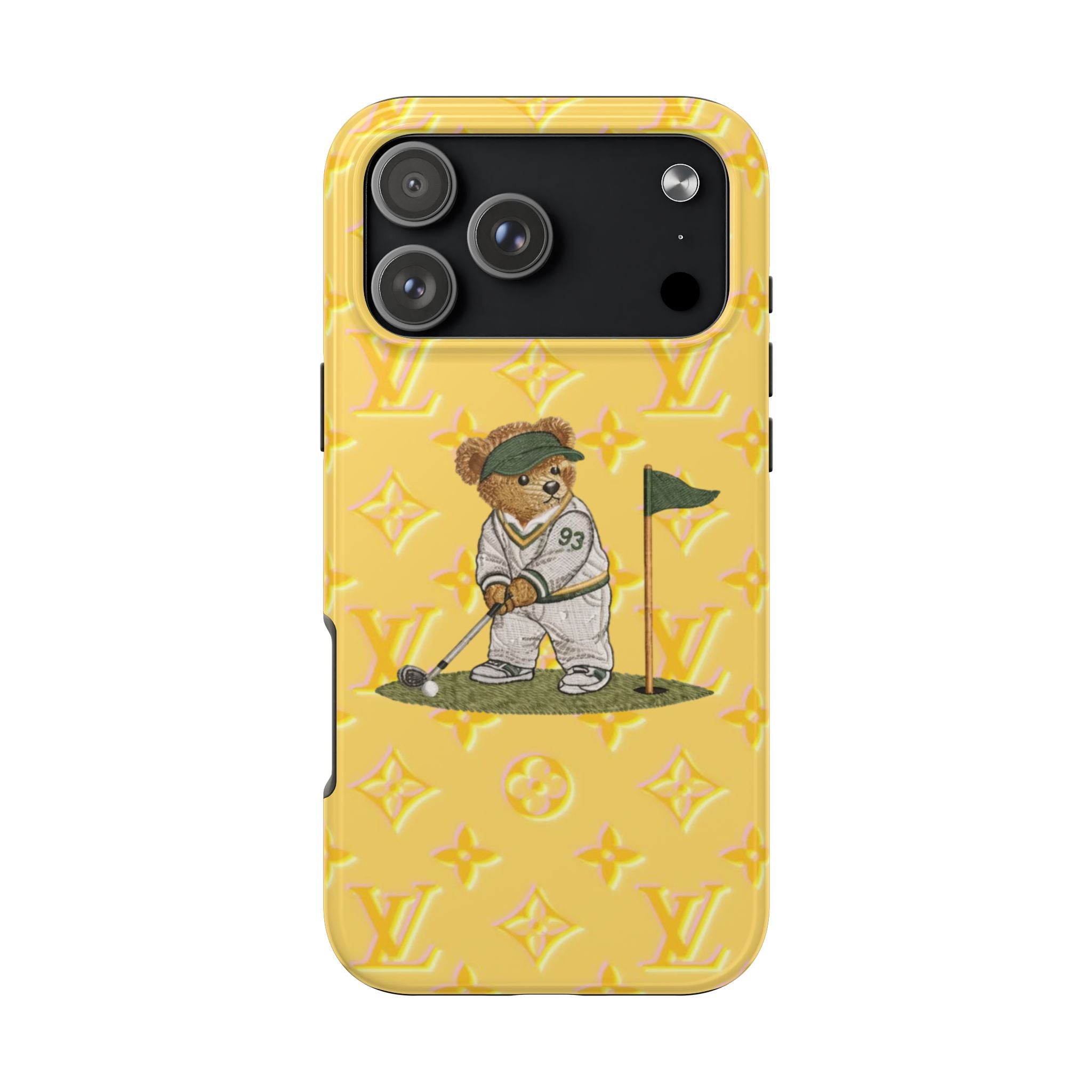 Yellow phone case with teddy bear golfer graphic and LV-style pattern