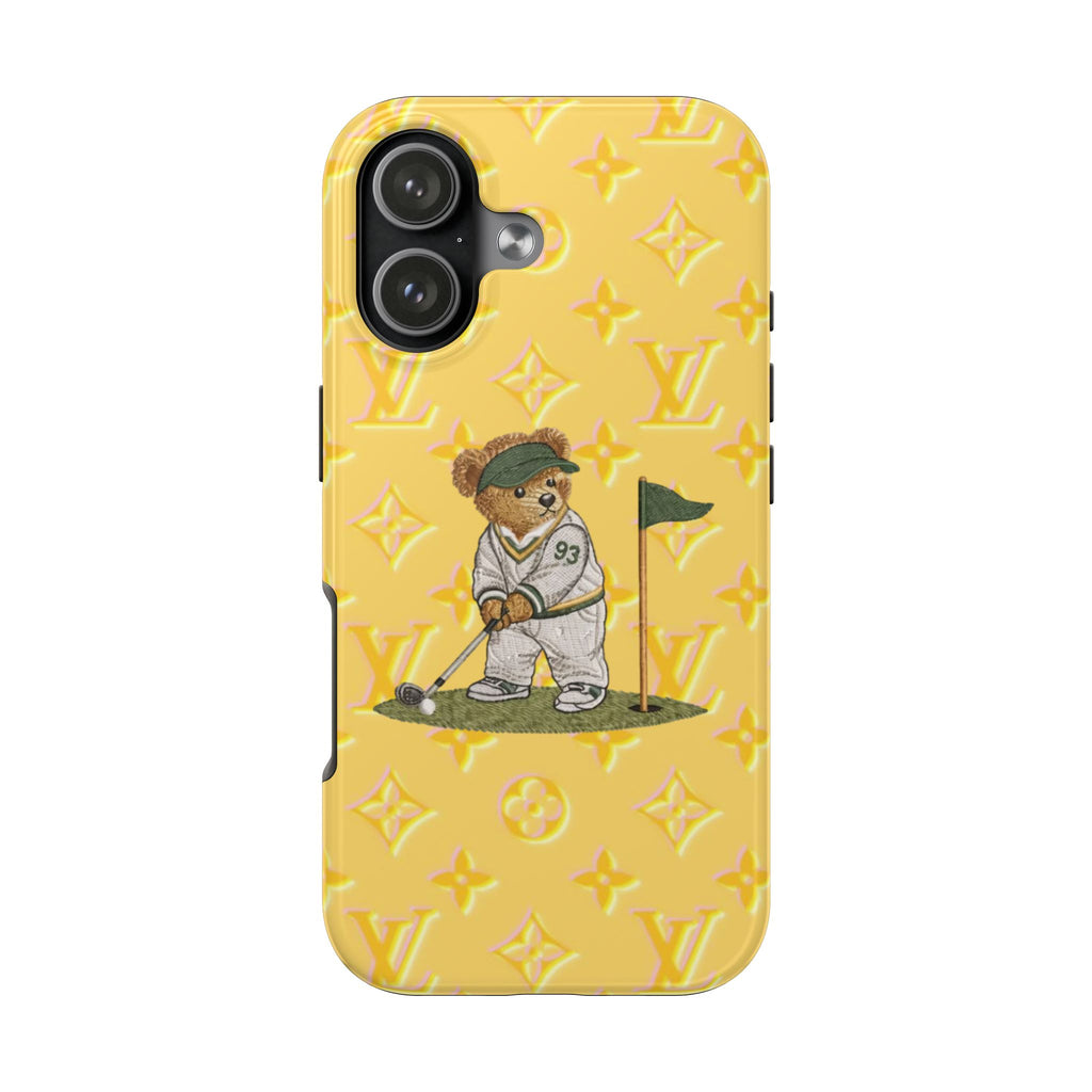 Yellow phone case with teddy bear golfer graphic, LV-style monogram pattern