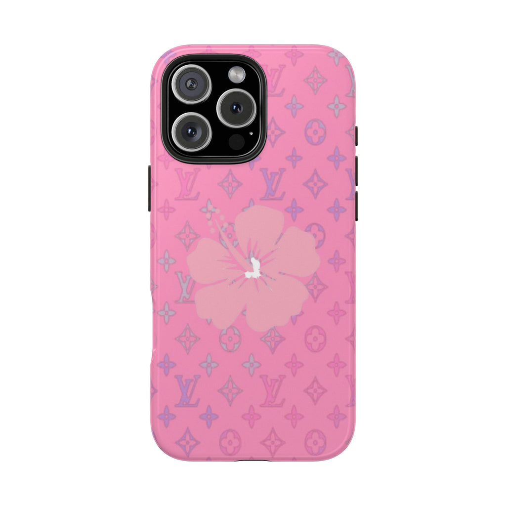 Pink phone case with LV monogram pattern and hibiscus flower, quad-camera cutout