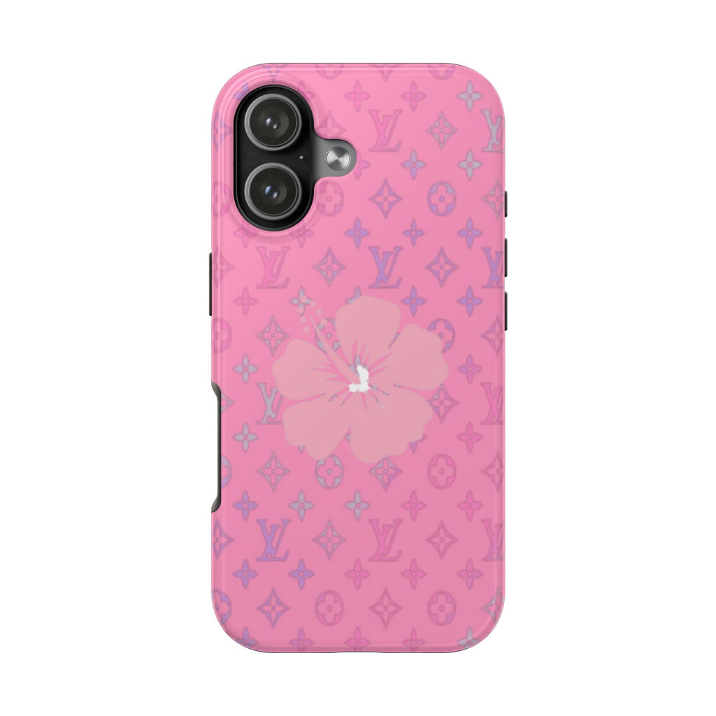 Pink phone case with LV monogram pattern and hibiscus flower, raised camera cutouts