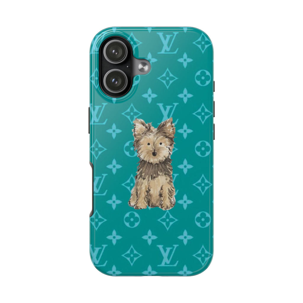 Teal phone case with Yorkie puppy design and LV-style monogram pattern, dual camera area