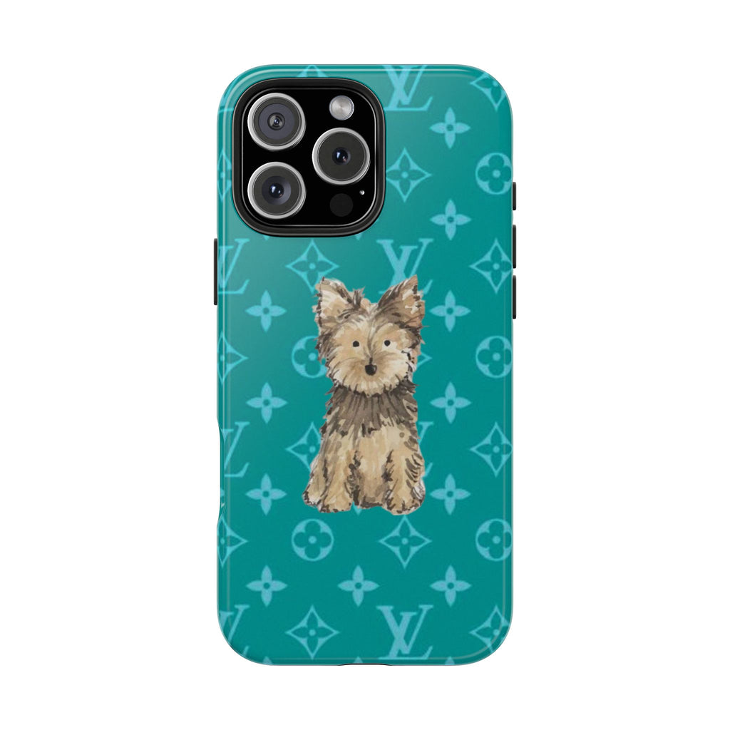 Teal phone case with cute Yorkie puppy and LV-style monogram pattern