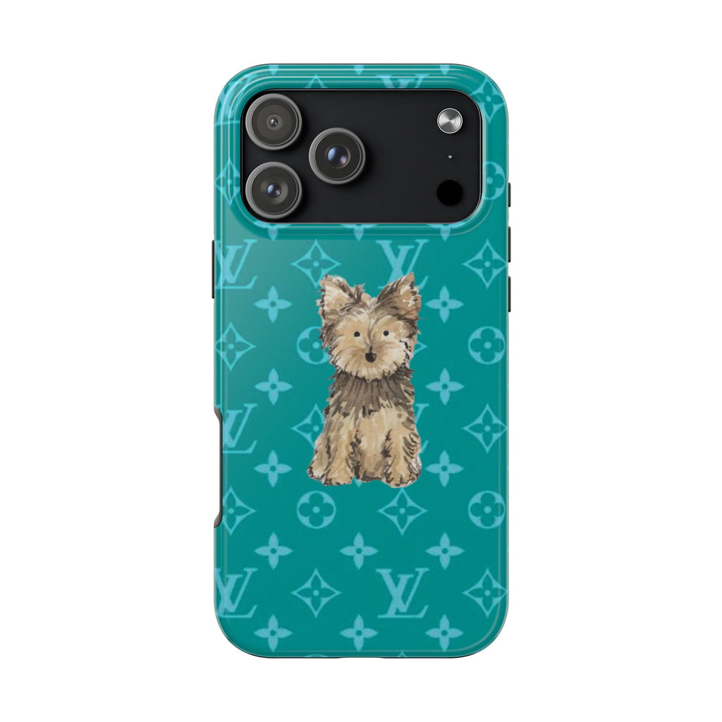 Teal phone case with Yorkie puppy graphic and LV-style monogram pattern, camera cutouts