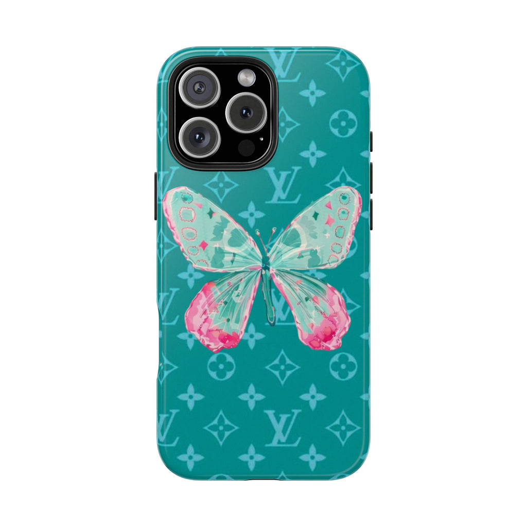 Teal phone case with pink and teal butterfly and repeating monogram pattern