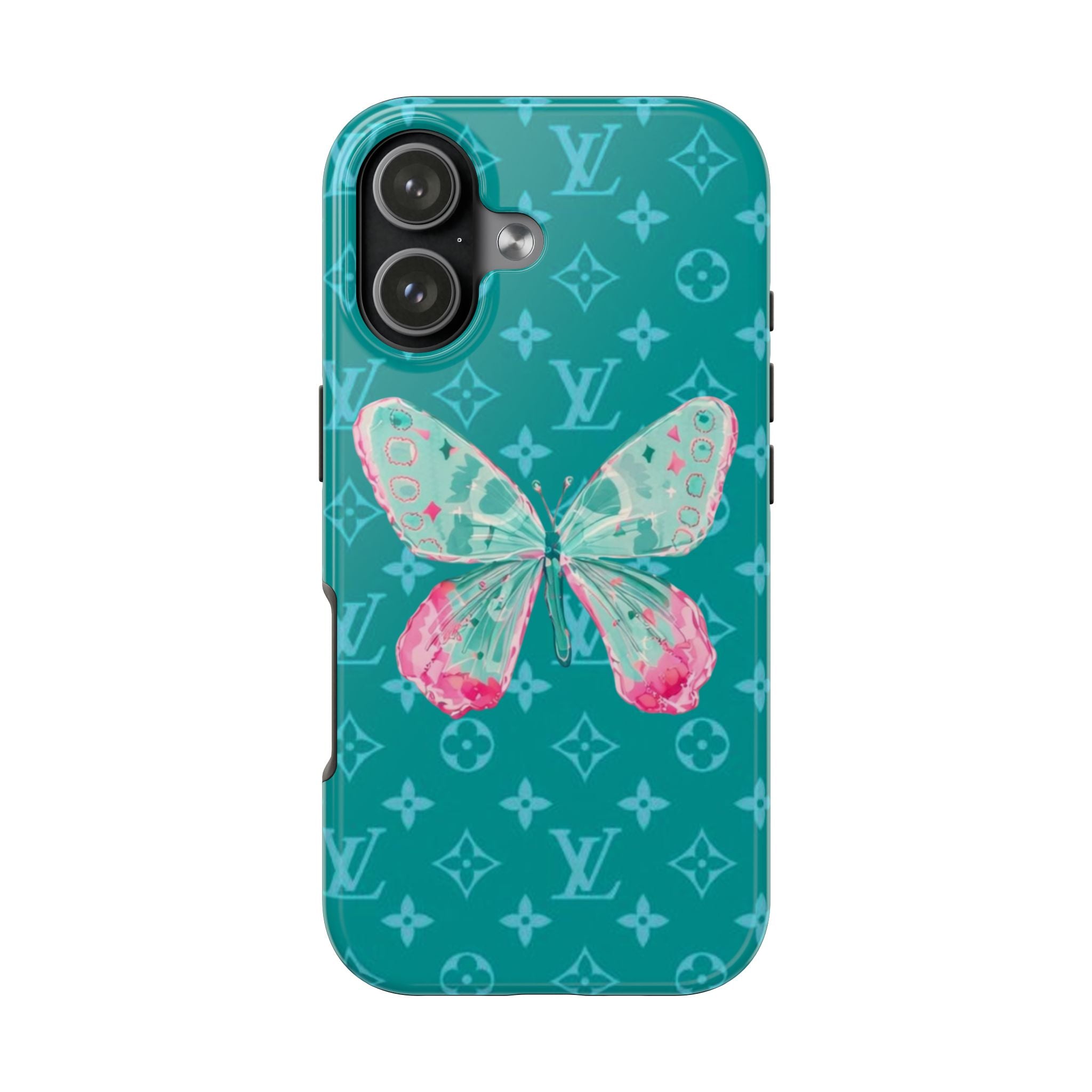 Teal phone case with butterfly graphic and repeating monogram pattern, side view