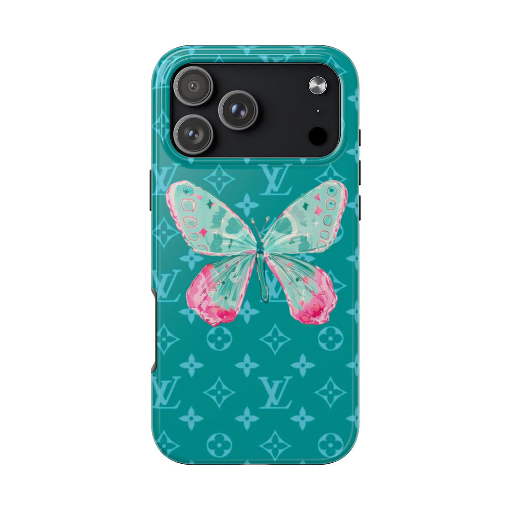 Teal phone case with butterfly design and repeating monogram pattern, back view