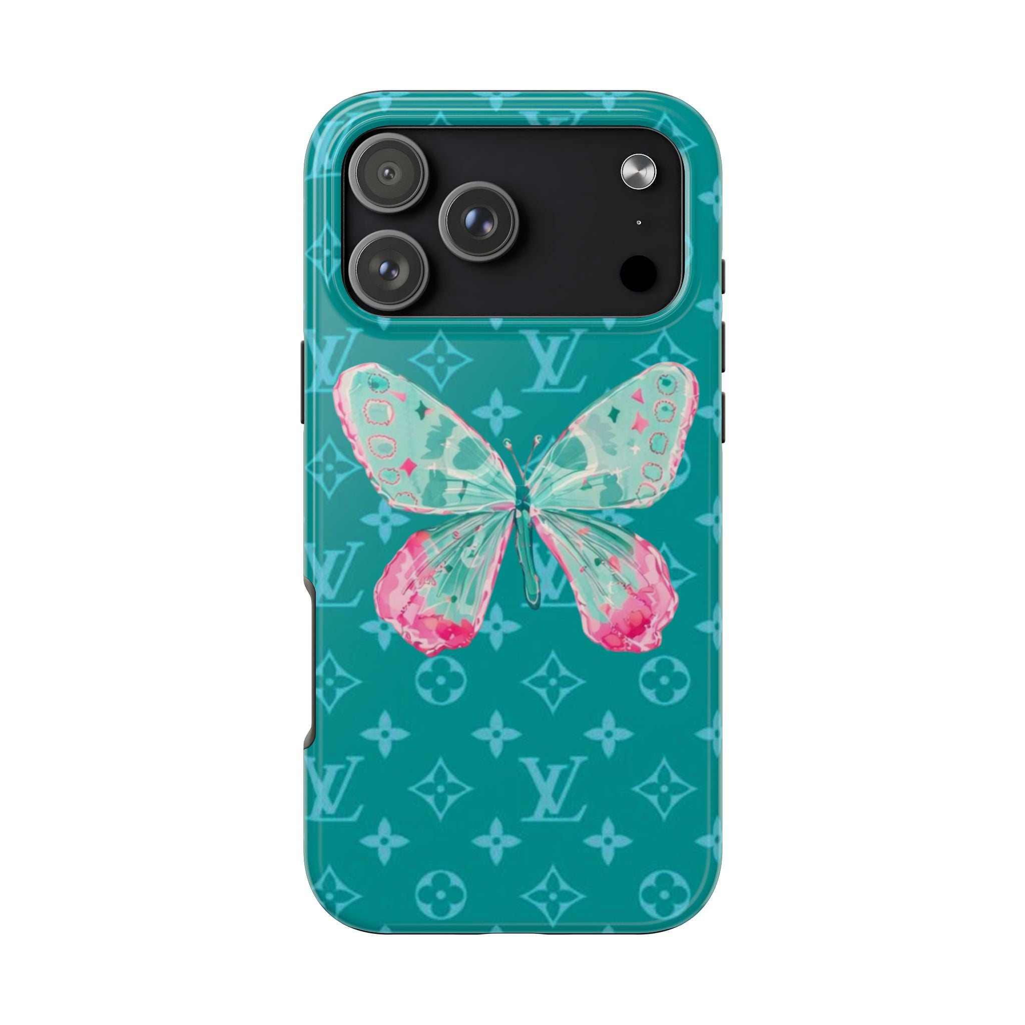 Teal phone case with butterfly design and repeating monogram pattern, back view