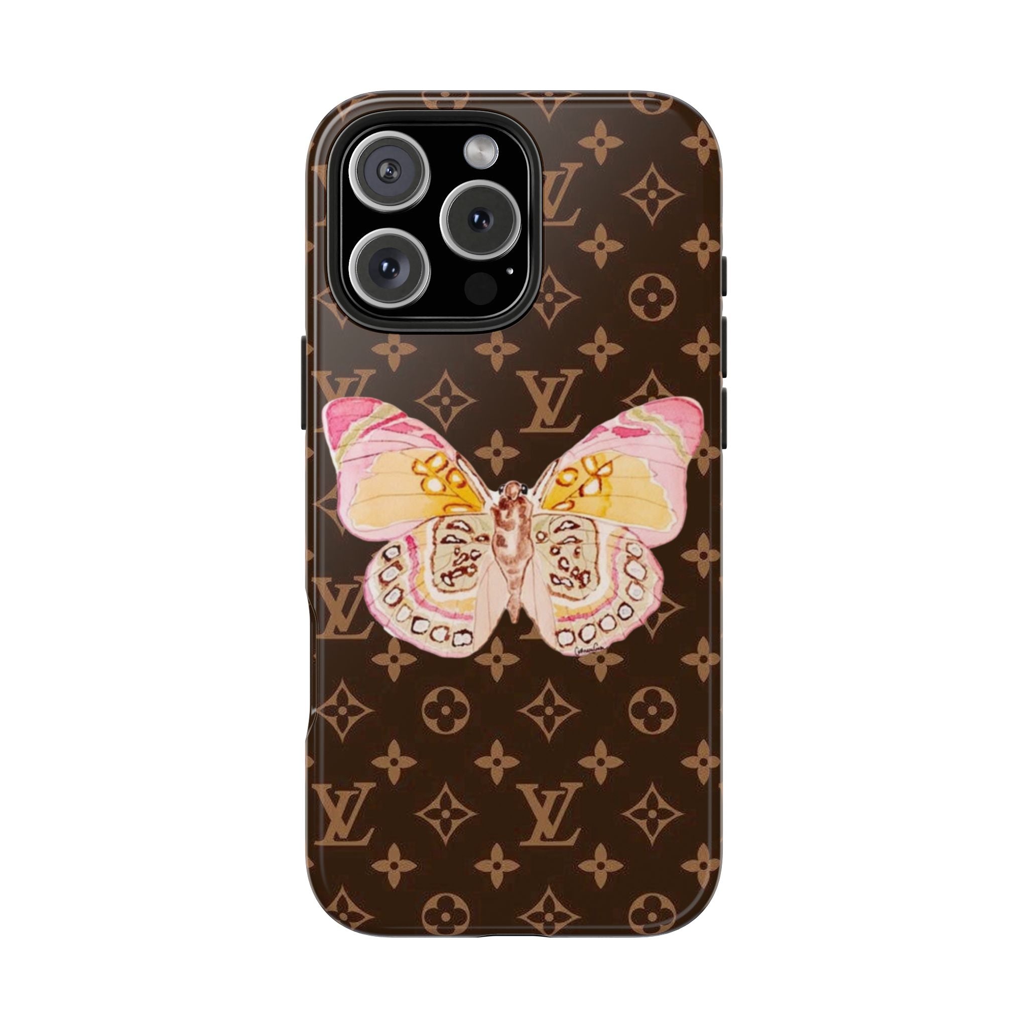 Brown Louis Vuitton-style phone case with butterfly artwork and monogram pattern