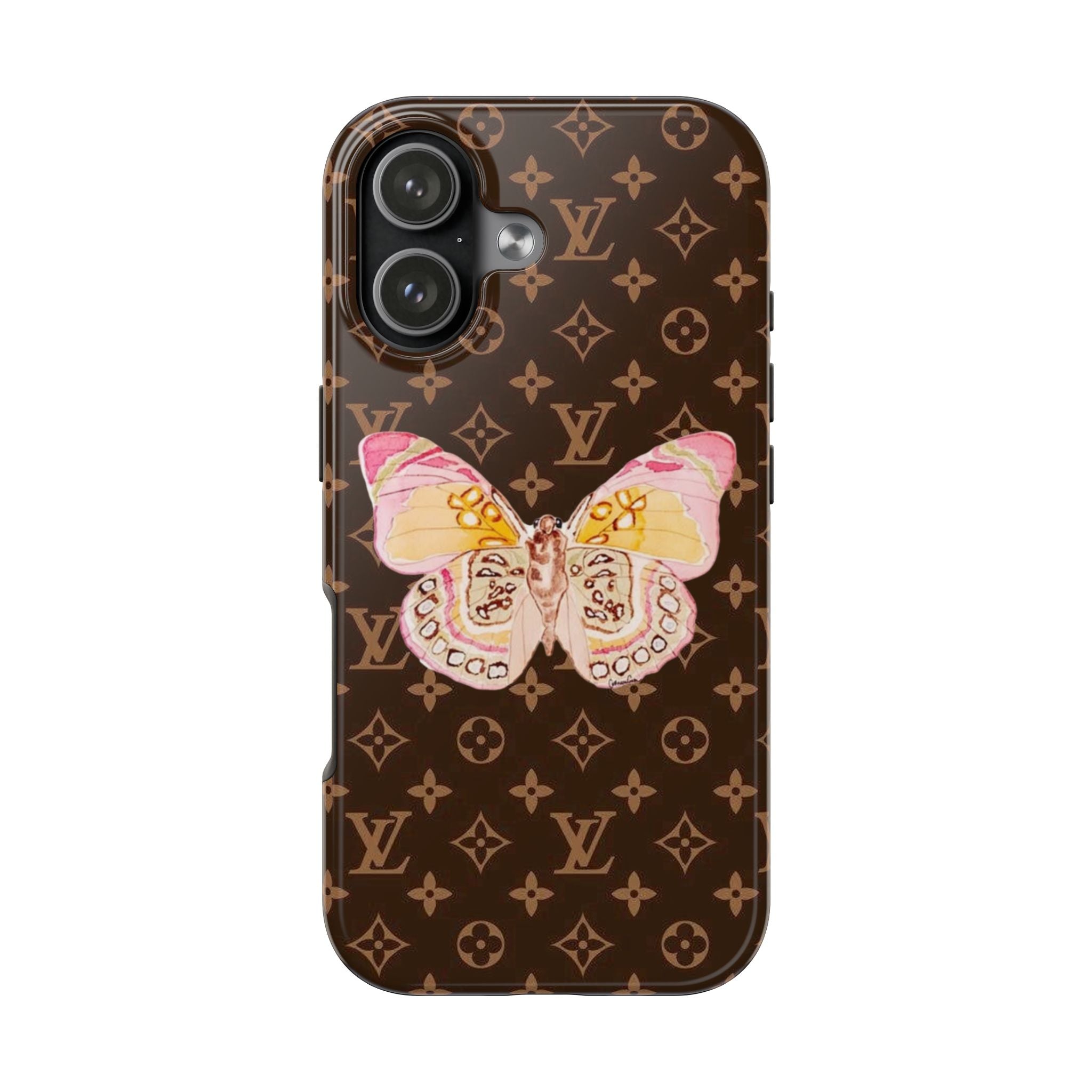 Brown Louis Vuitton-style phone case with centered butterfly graphic and monogram pattern