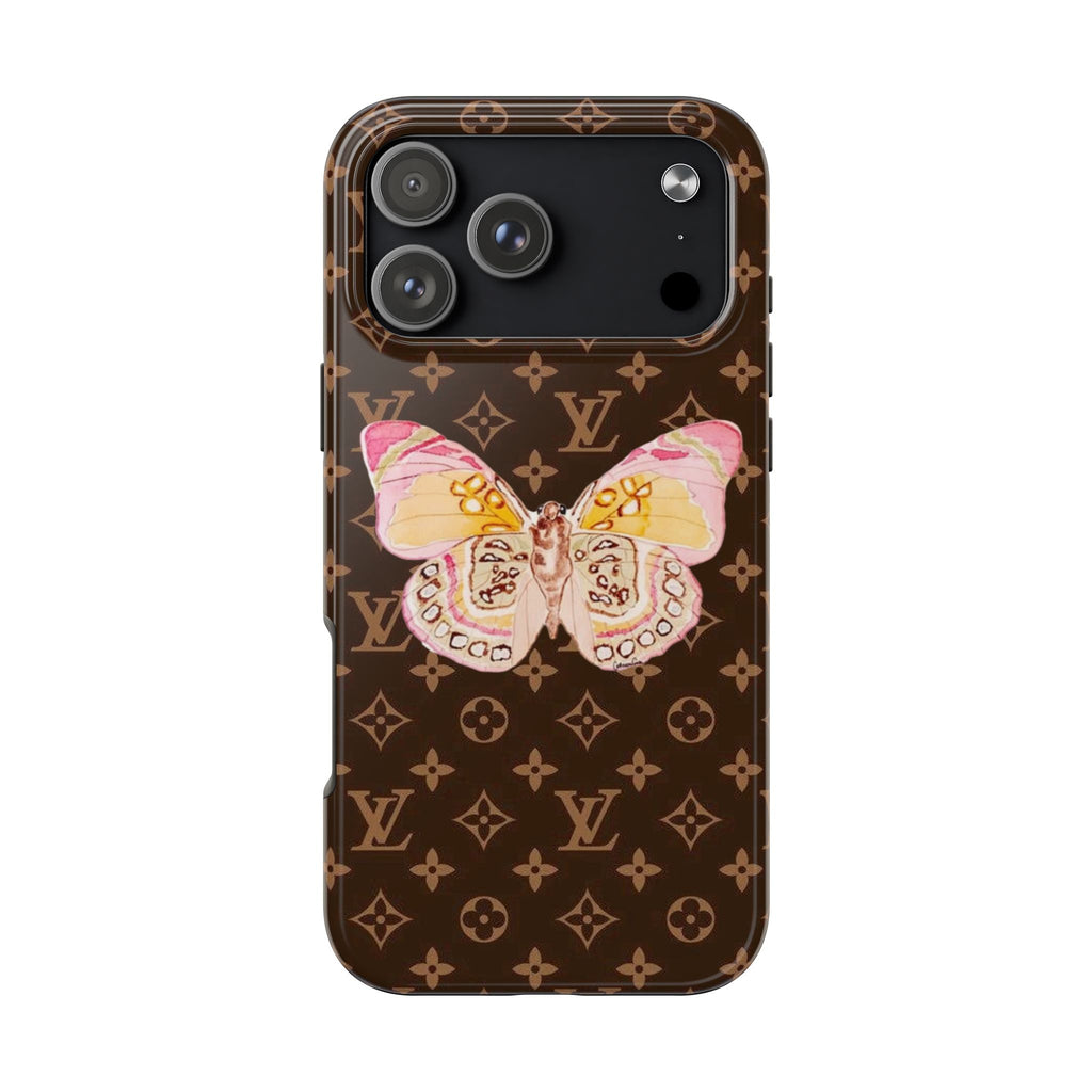 Brown Louis Vuitton-style phone case with butterfly artwork and raised camera cutouts