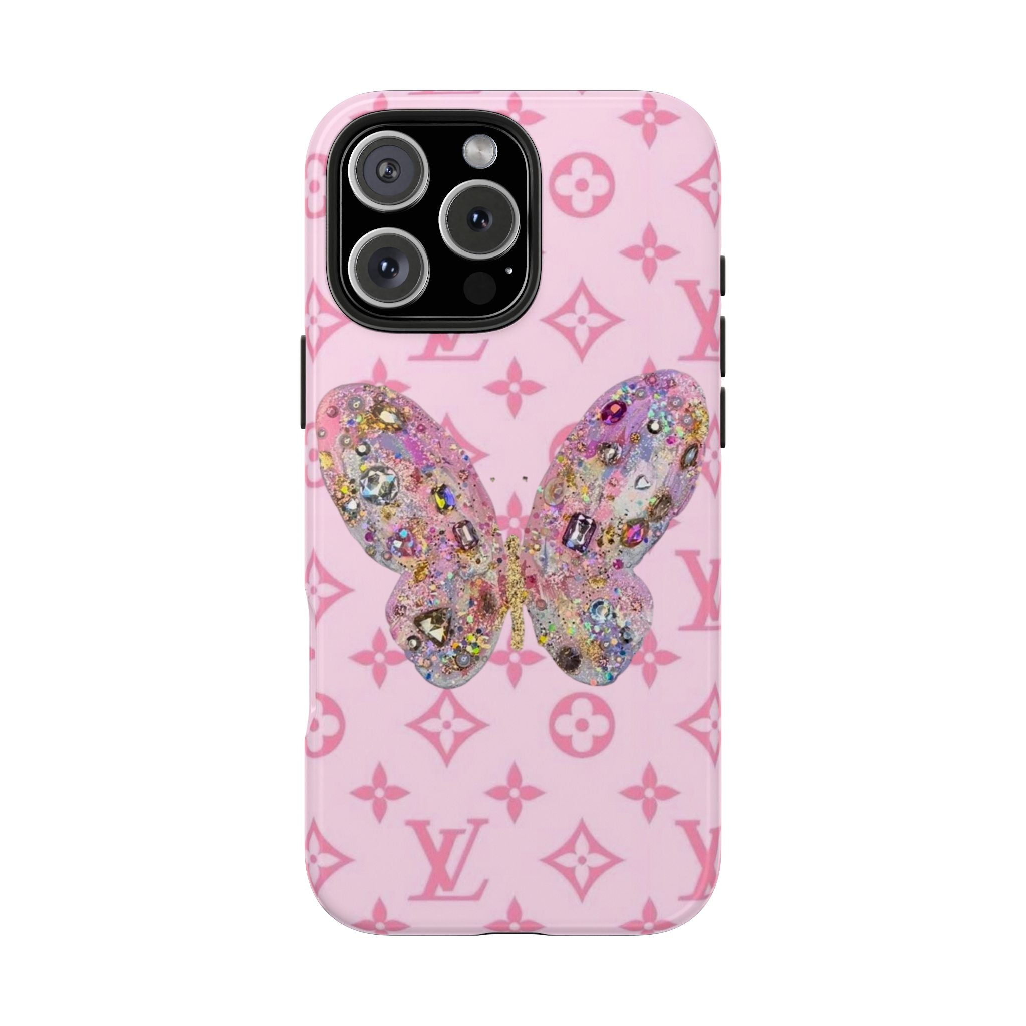 Pink phone case with LV monogram pattern and glitter butterfly on back