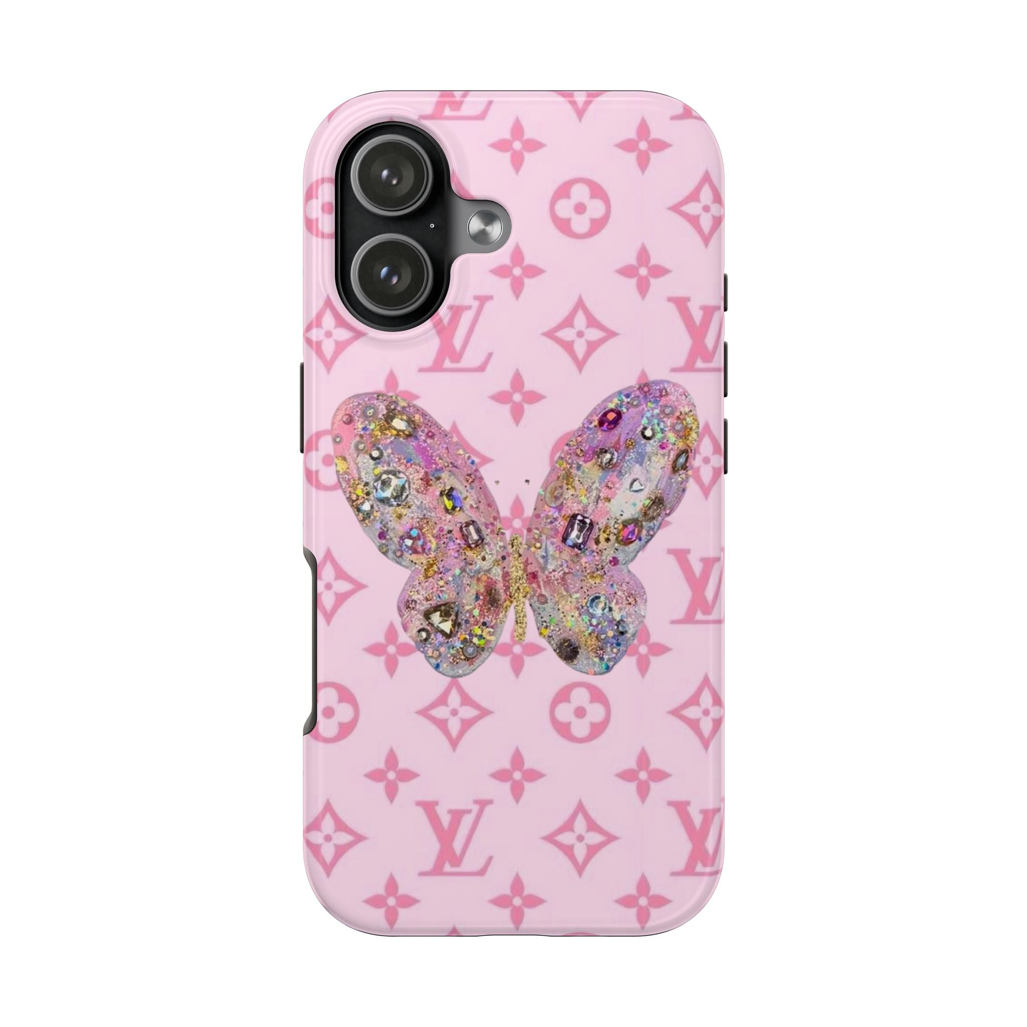 Pink phone case with LV monogram pattern and glitter butterfly appliqué