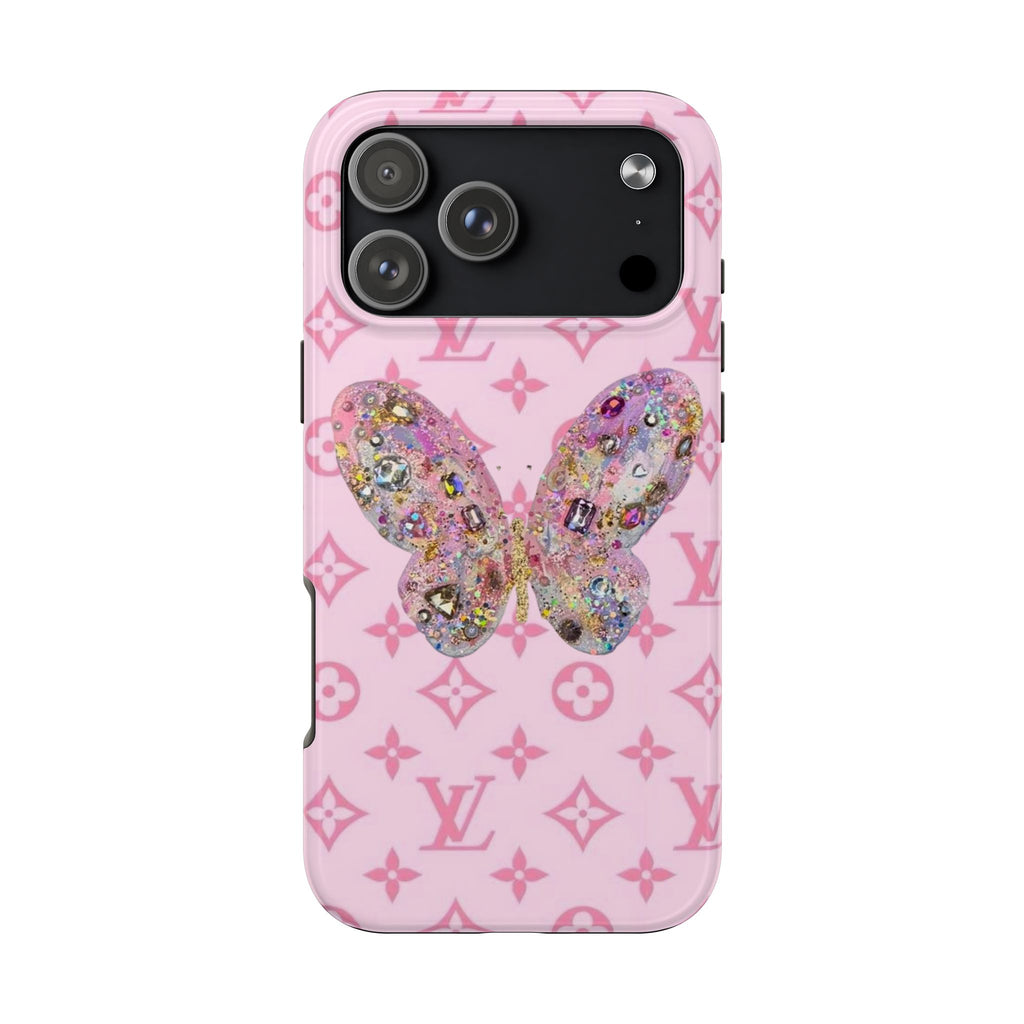 Pink phone case with LV monogram pattern and glitter butterfly center