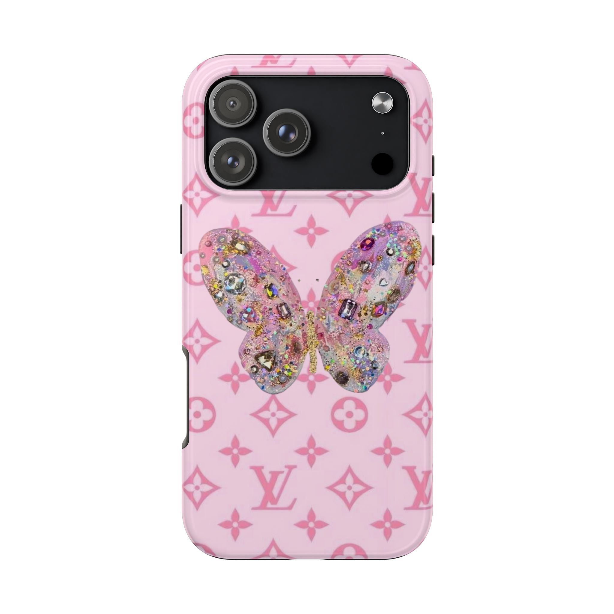 Pink phone case with LV monogram pattern and glitter butterfly center