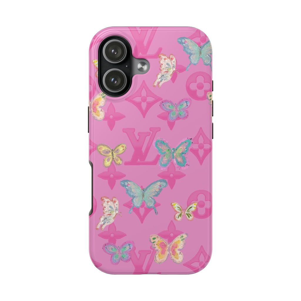 Pink phone case with butterfly print and LV monogram, camera lenses and flash cutouts