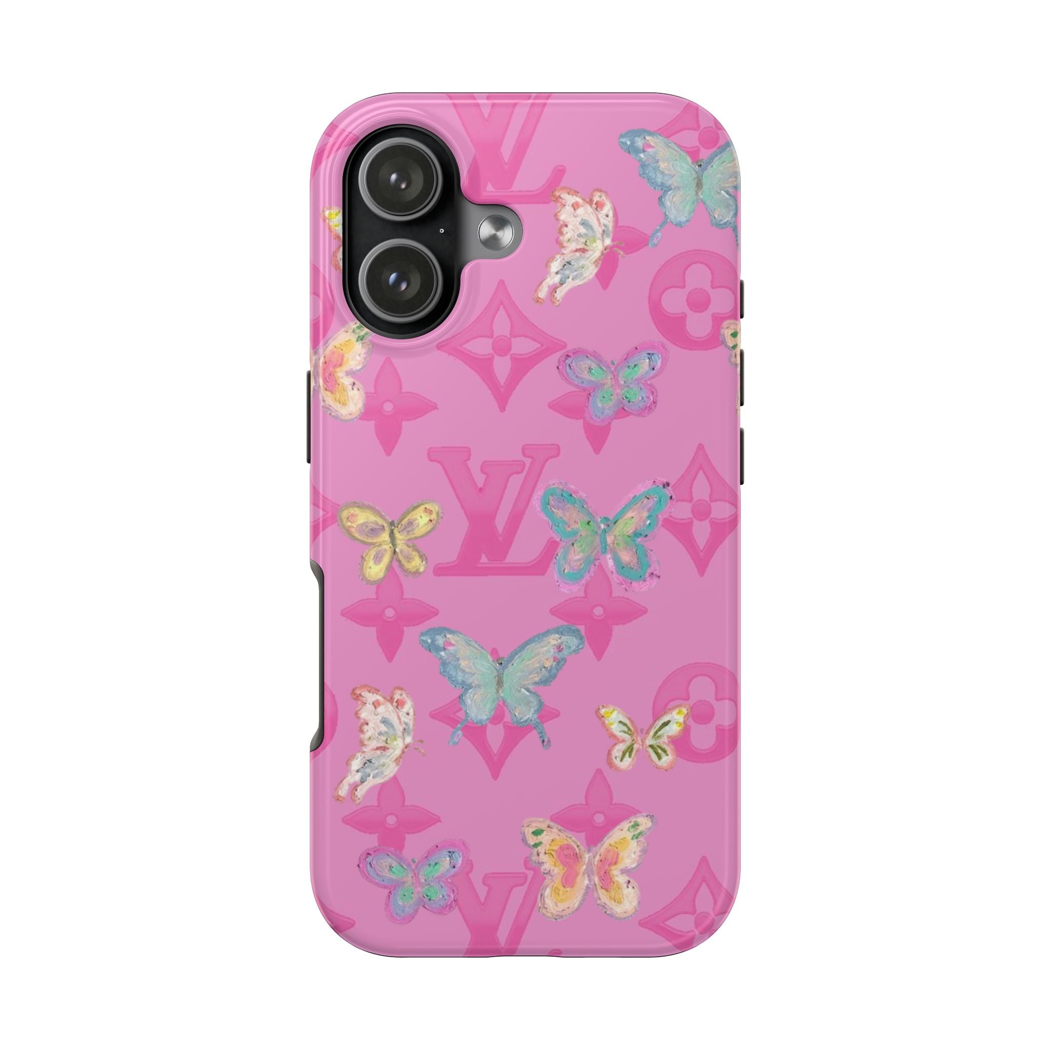 Pink phone case with butterfly print and LV monogram, camera lenses and flash cutouts