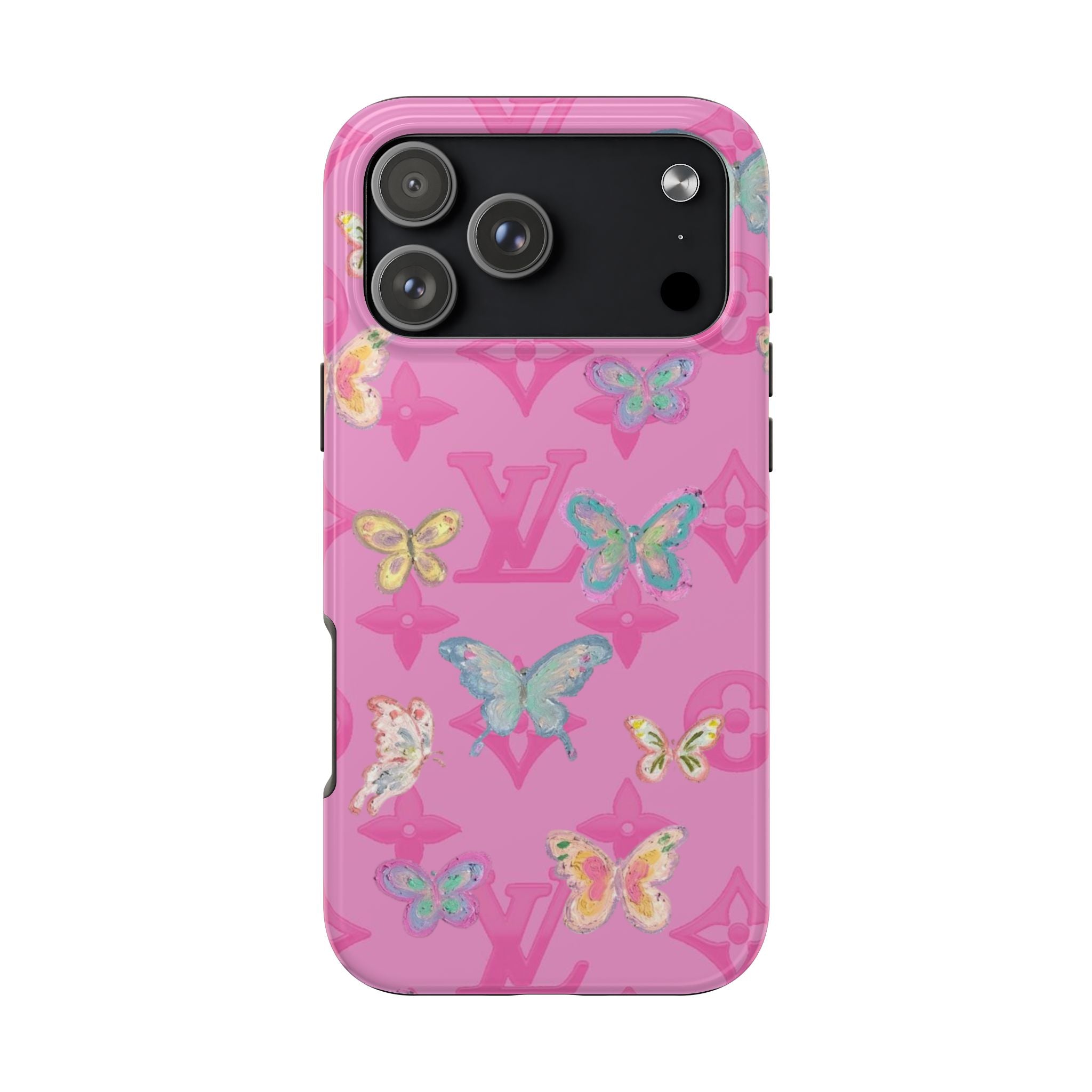 Pink phone case with butterfly print and LV monogram, top view of camera module