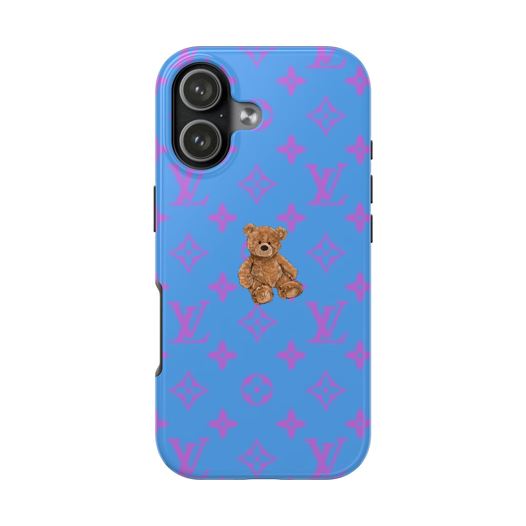 Royal blue phone case with purple logo pattern, teddy bear graphic, and camera cutout