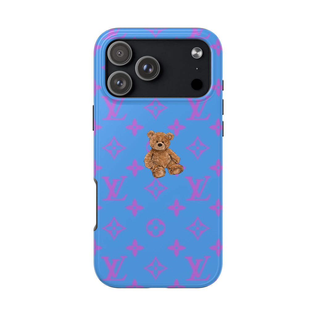 Royal blue phone case with purple logo pattern and teddy bear on the back