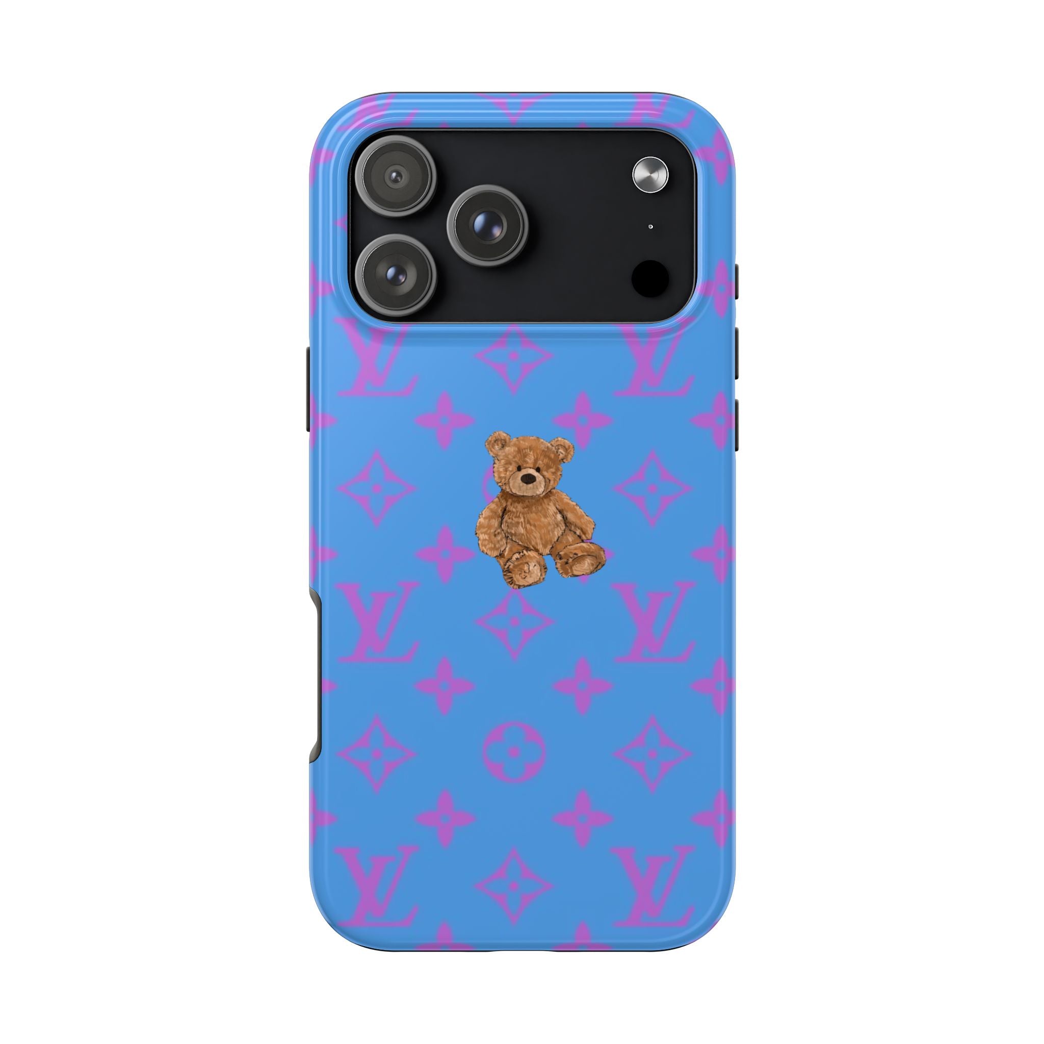 Royal blue phone case with purple logo pattern and teddy bear on the back