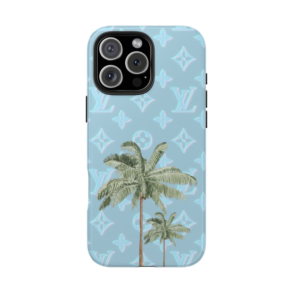 Blue phone case with palm tree graphic and repeating LV-style monogram icons