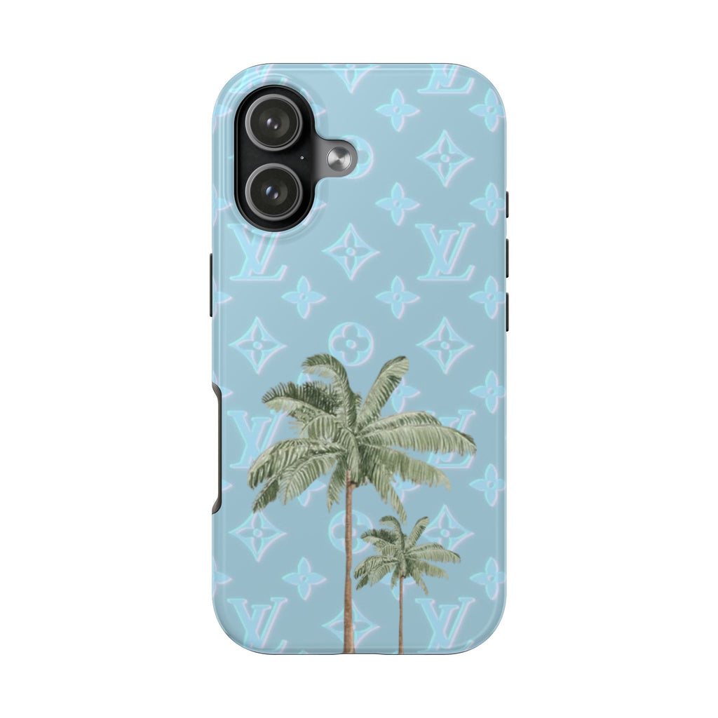 Blue phone case with palm trees and repeating LV-style monogram pattern, back view